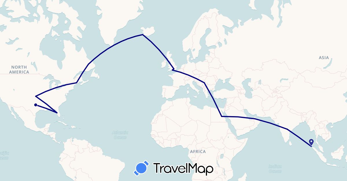 TravelMap itinerary: driving in United Arab Emirates, Canada, Egypt, United Kingdom, Indonesia, India, Iceland, Serbia, United States (Africa, Asia, Europe, North America)